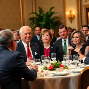 Council of candidates at a formal dinner discussing California issues