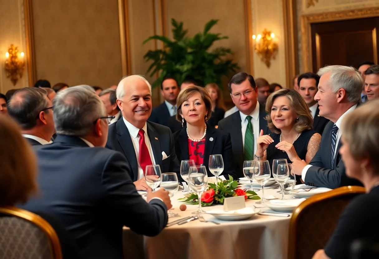 Council of candidates at a formal dinner discussing California issues