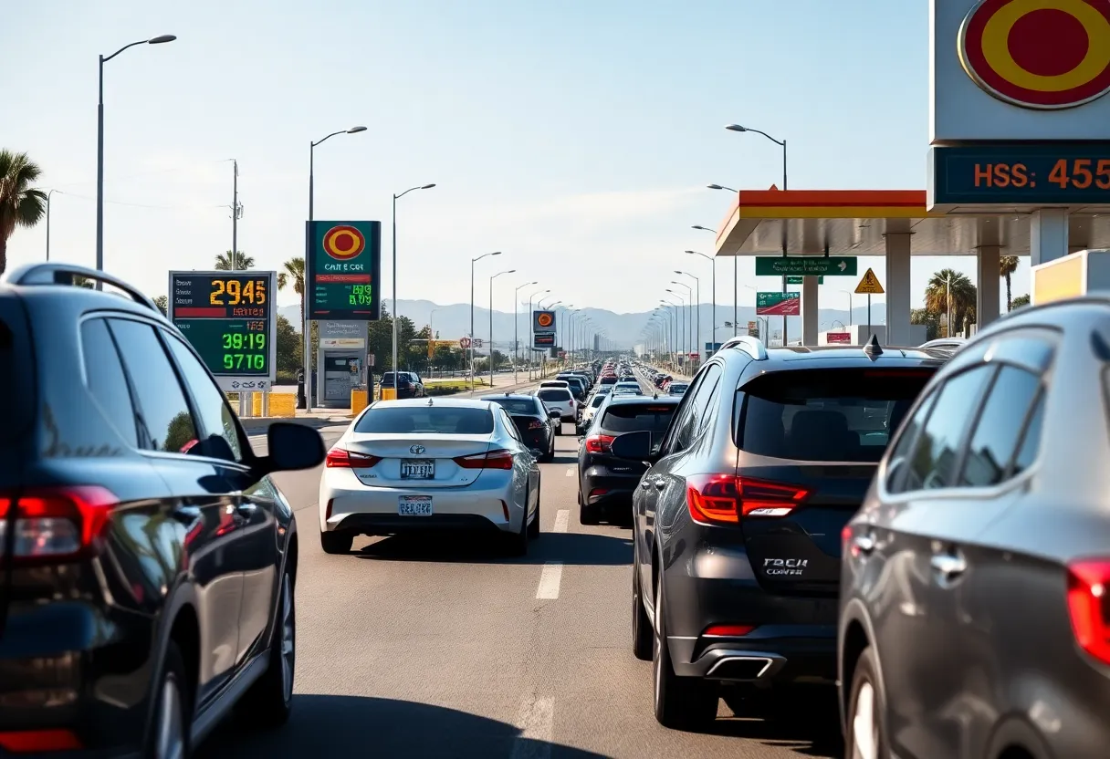 Cars lined up at a California gas station showing high prices.