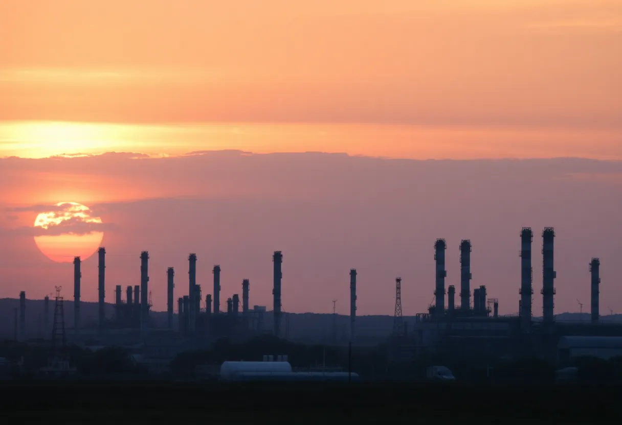 Industrial oil refinery landscape illustrating closure and environmental concerns