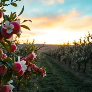 Peach orchard in California showcasing blooming trees