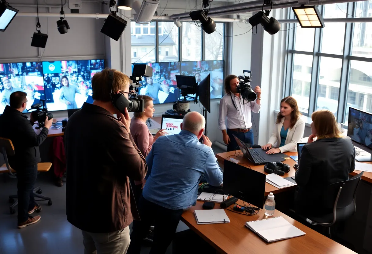 Newspaper editorial room with journalists collaborating