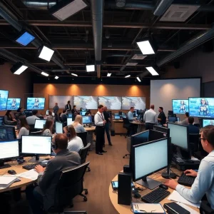 Photograph of a busy newsroom dedicated to local California journalism.