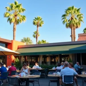 Diners enjoying a meal in a sunny California restaurant with outdoor seating