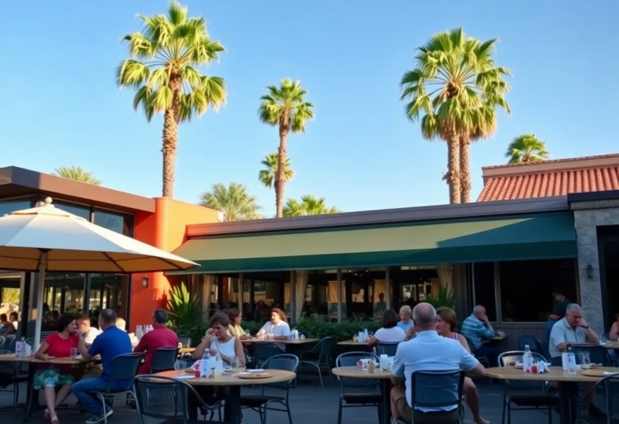 Diners enjoying a meal in a sunny California restaurant with outdoor seating