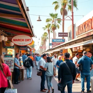 Marketplace scene with small businesses in California
