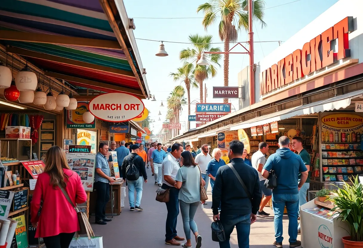 Marketplace scene with small businesses in California