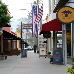 A street view of small businesses in California thriving post-wildfire.