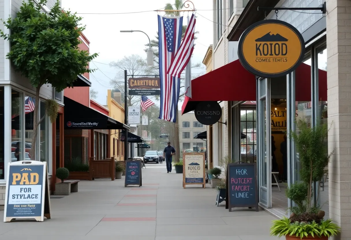A street view of small businesses in California thriving post-wildfire.