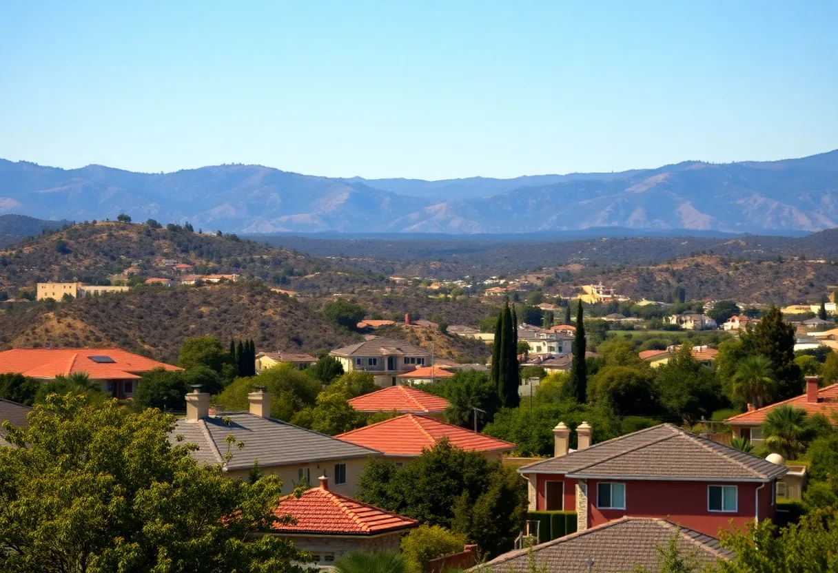 California landscape showing homes in a wildfire-prone area