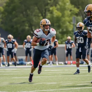 Athletes training in a college football environment, representing challenges of eligibility.