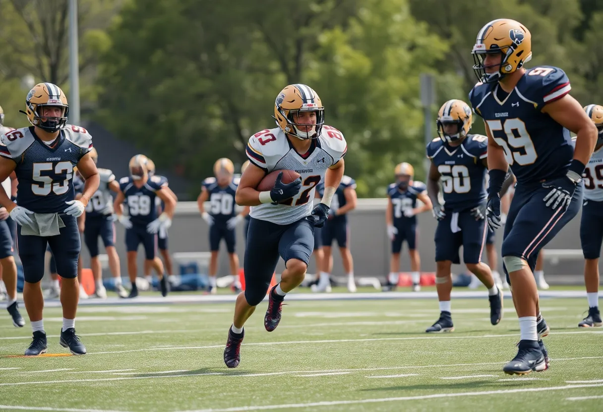 Athletes training in a college football environment, representing challenges of eligibility.