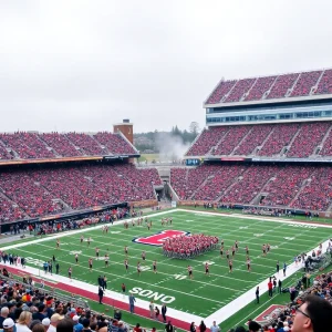 College football players warming up in a packed stadium