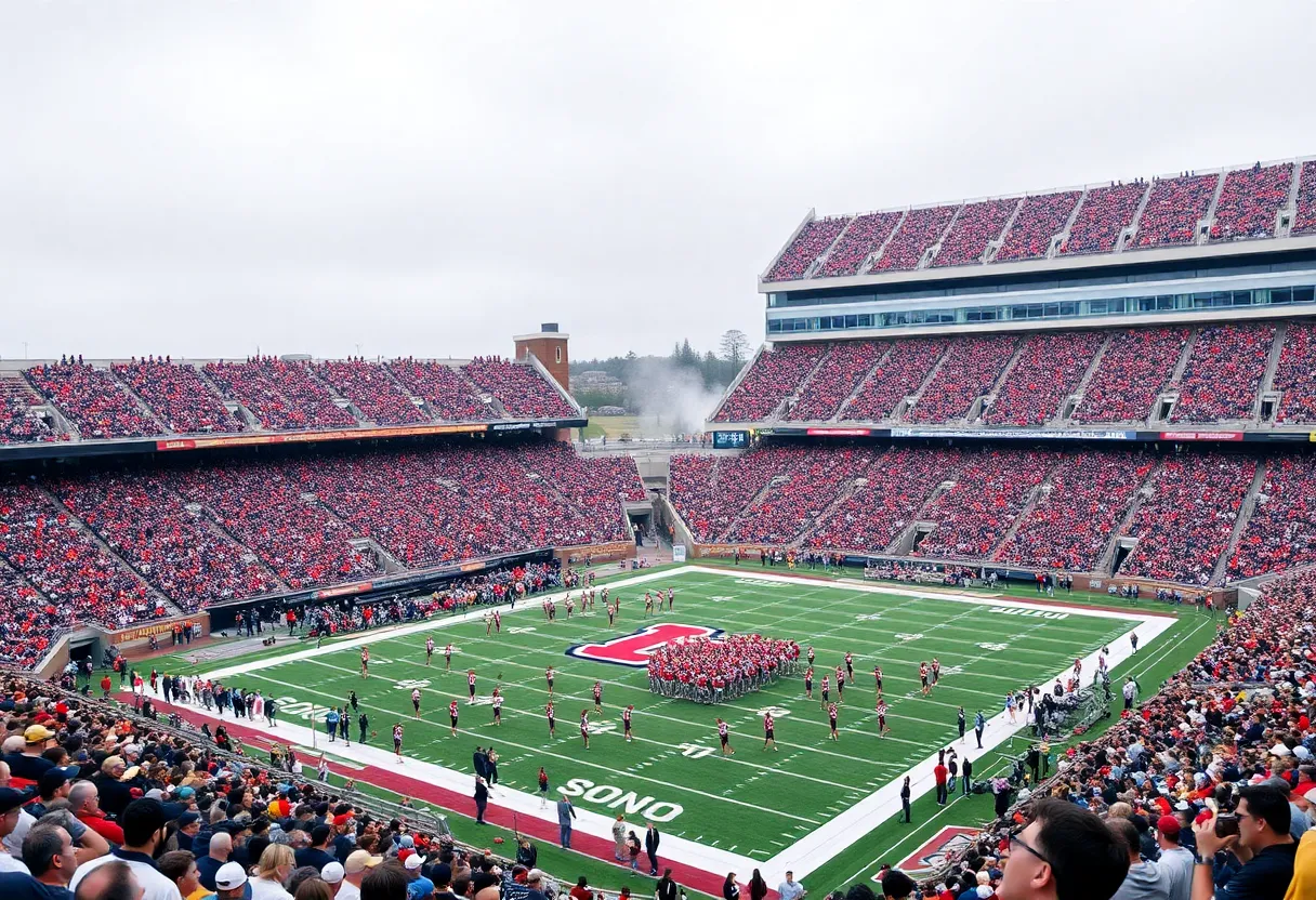 College football players warming up in a packed stadium