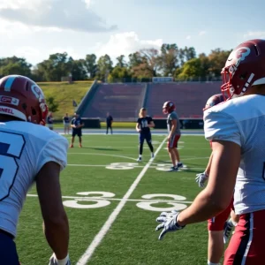 College football players practicing on a field