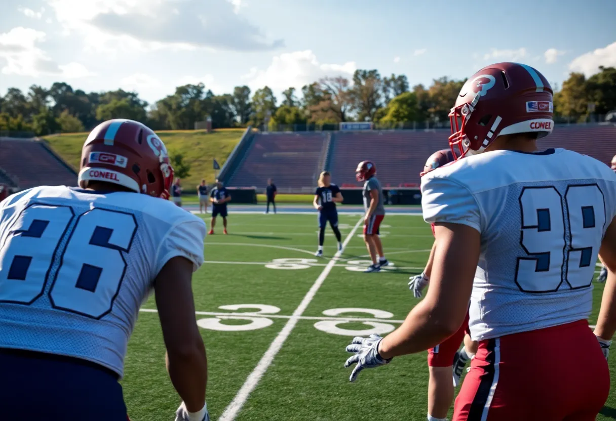 College football players practicing on a field