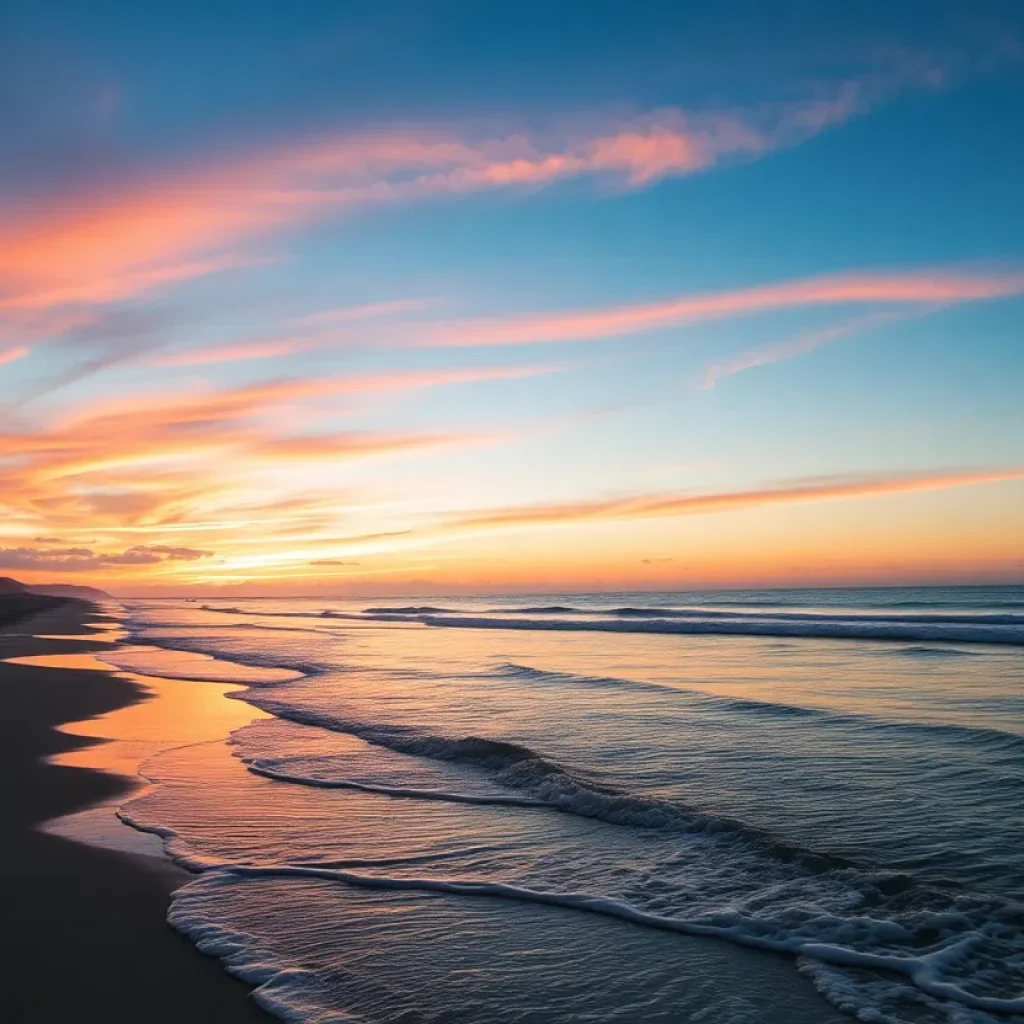 A peaceful beach during sunset, representing community and family spirit.