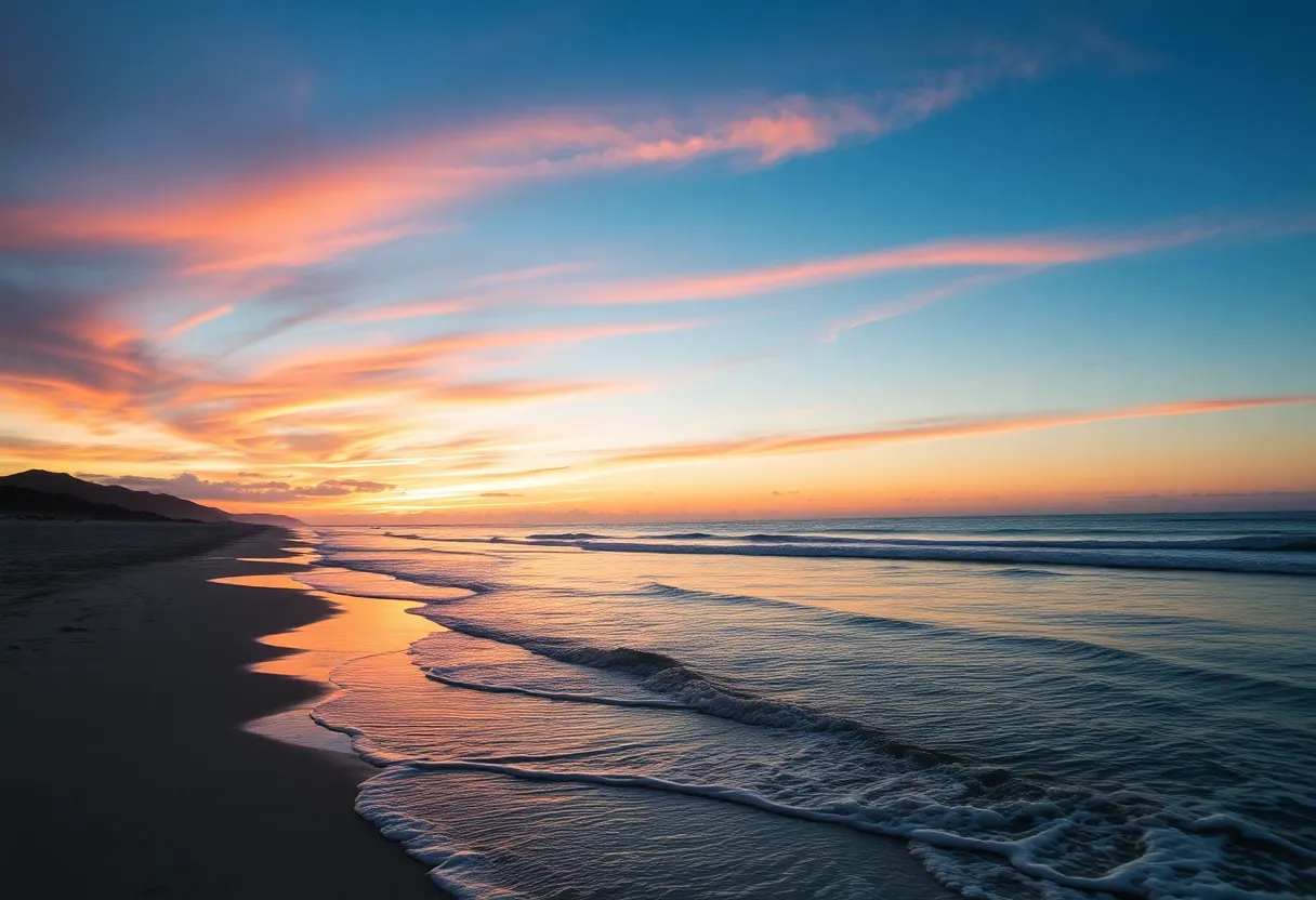 A peaceful beach during sunset, representing community and family spirit.