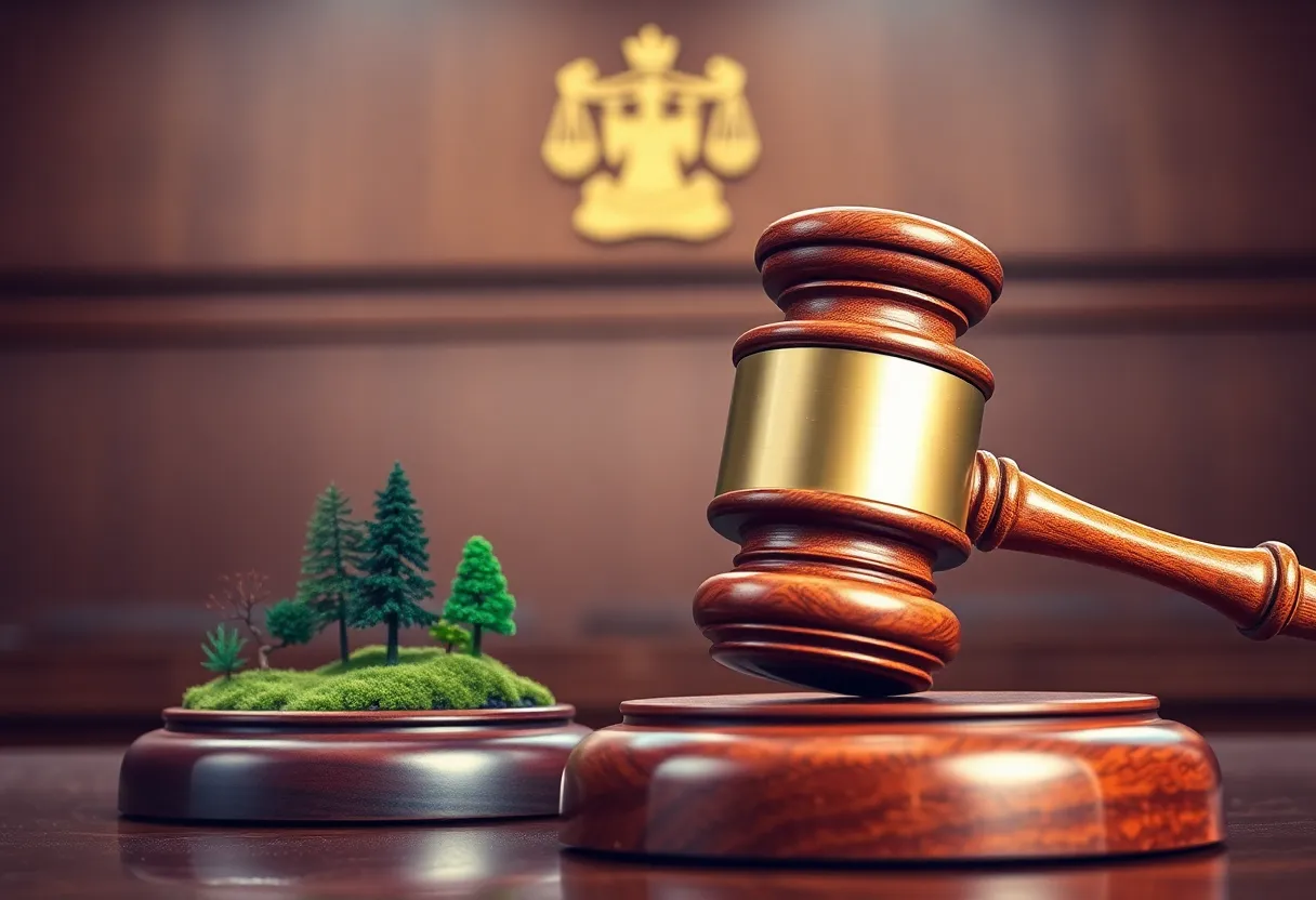 Courtroom with a judge's gavel and environmental symbols
