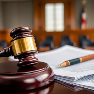 A courtroom scene depicting legal actions regarding copyright laws