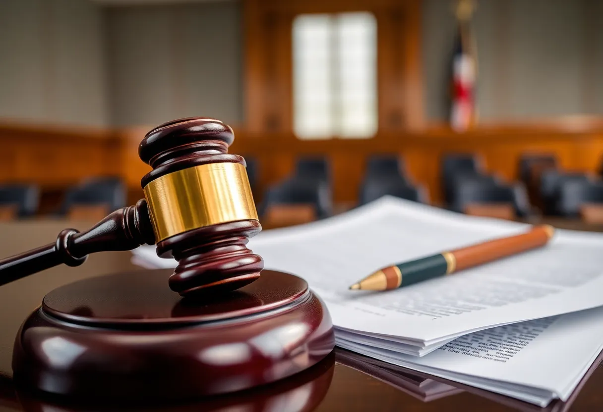 A courtroom scene depicting legal actions regarding copyright laws