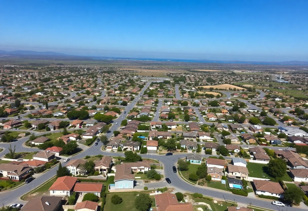 Aerial view of Southern California neighborhood affected by fuel dumping.