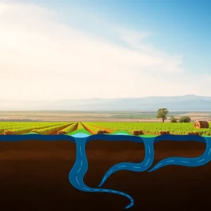 Illustration depicting groundwater management in California's agricultural landscape.