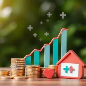 Conceptual representation of healthcare costs and insurance with rising graphs and coins.