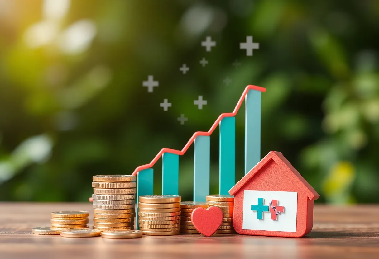 Conceptual representation of healthcare costs and insurance with rising graphs and coins.