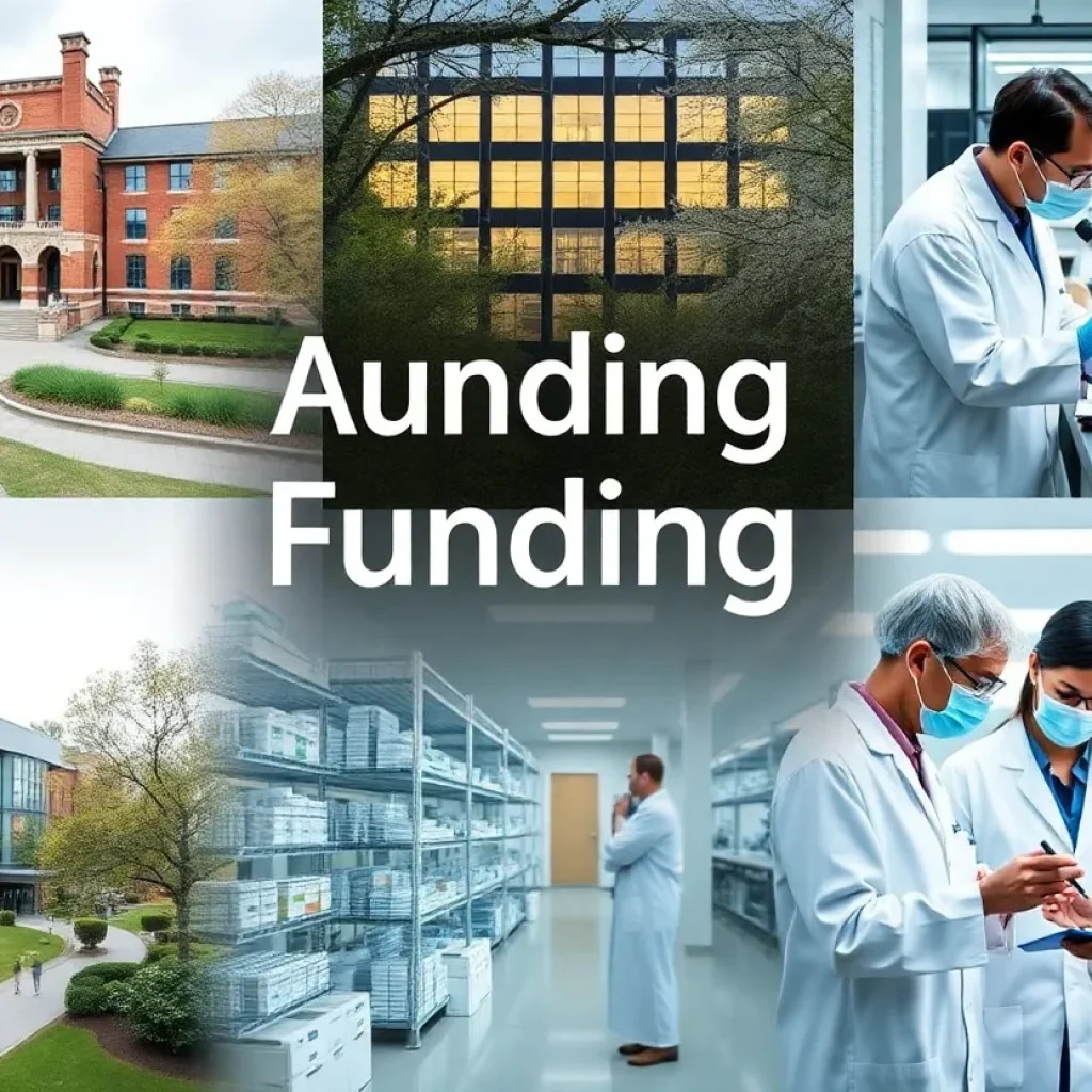 University campus with researchers in a lab