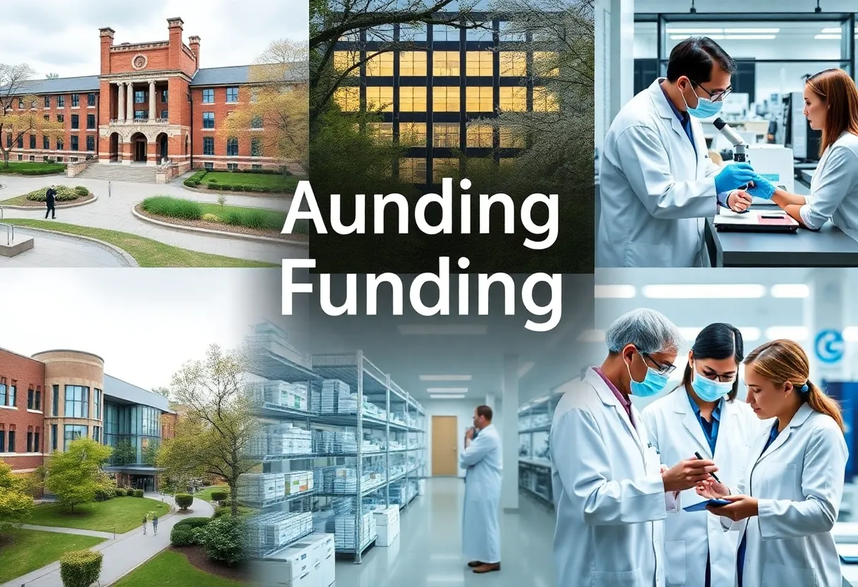 University campus with researchers in a lab