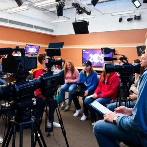 Students working in a high school broadcast studio