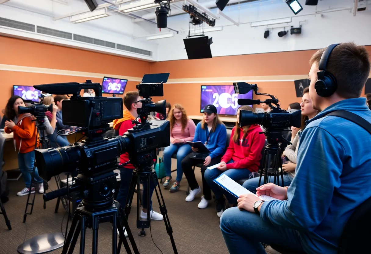 Students working in a high school broadcast studio