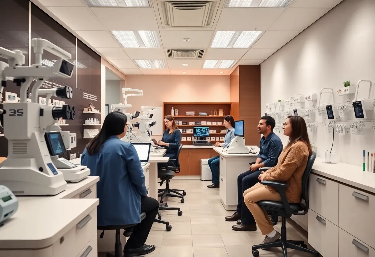 Interior of a modern optometry clinic with patients and staff.
