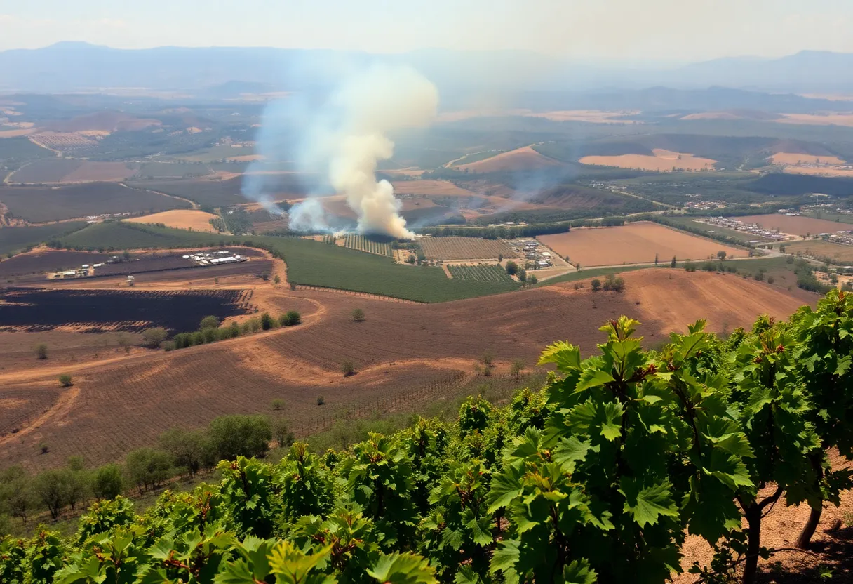 A Napa Valley vineyard showing signs of wildfire damage with smoke in the background.