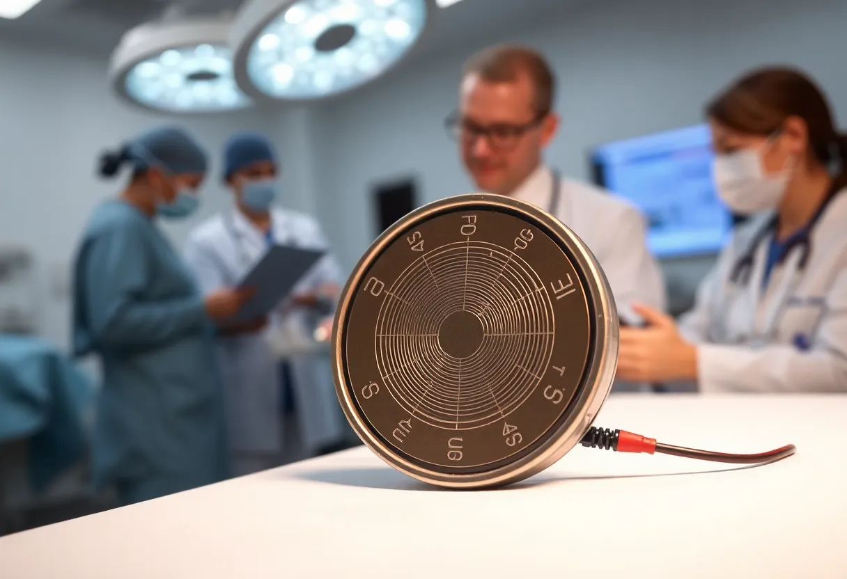 Neurostimulator designed for urgency urinary incontinence treatment displayed in a medical setting.