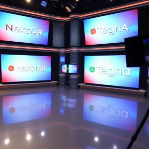 TV studio showcasing broadcasting screens with Nexstar and Tegna logos.