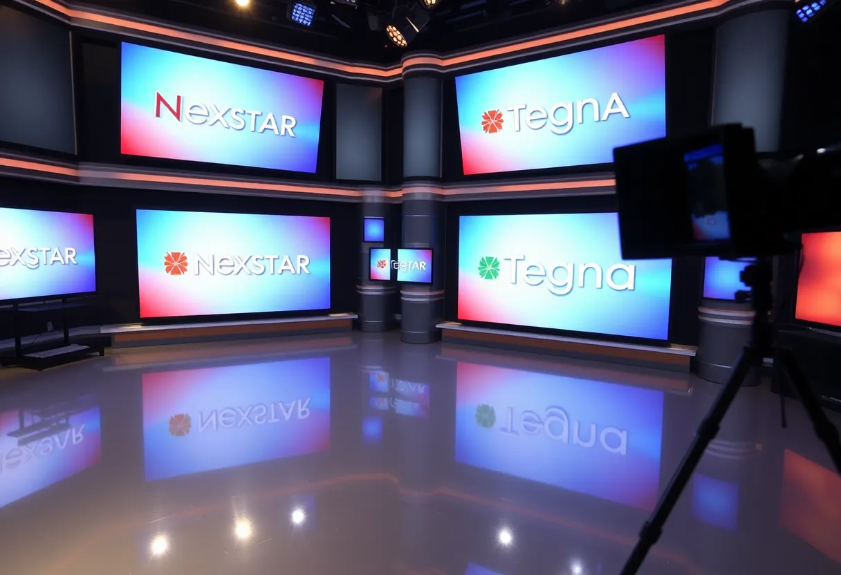 TV studio showcasing broadcasting screens with Nexstar and Tegna logos.
