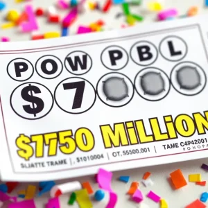 Vibrant Powerball lottery ticket with $750 million jackpot text