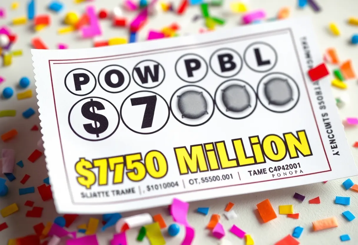 Vibrant Powerball lottery ticket with $750 million jackpot text