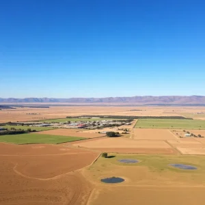 Aerial view of Reynolds Ranch in Central California with farmland and hills