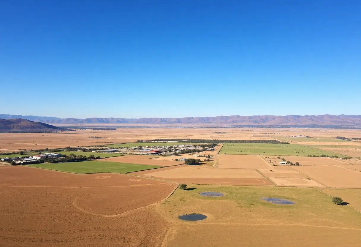 Aerial view of Reynolds Ranch in Central California with farmland and hills