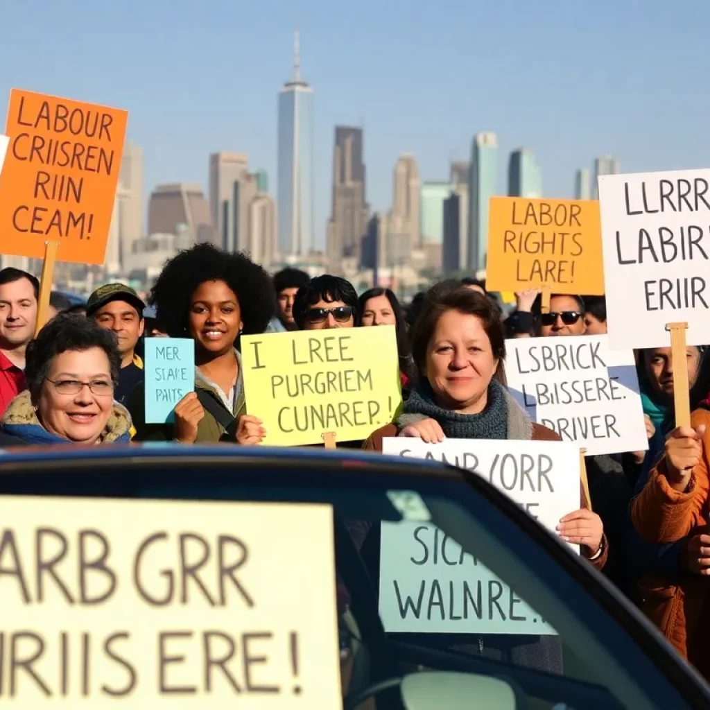 Rideshare drivers demonstrating for unionization and labor rights in California.