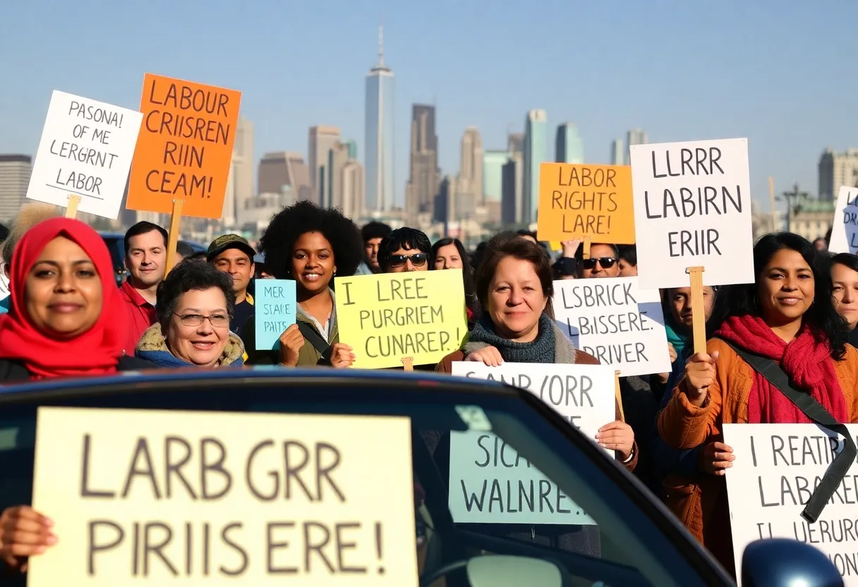 Rideshare drivers demonstrating for unionization and labor rights in California.