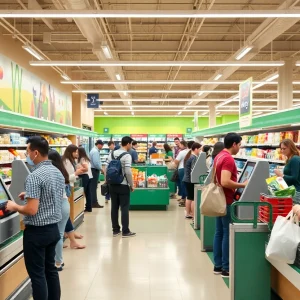 Grocery store self-checkout lanes with customers and staff