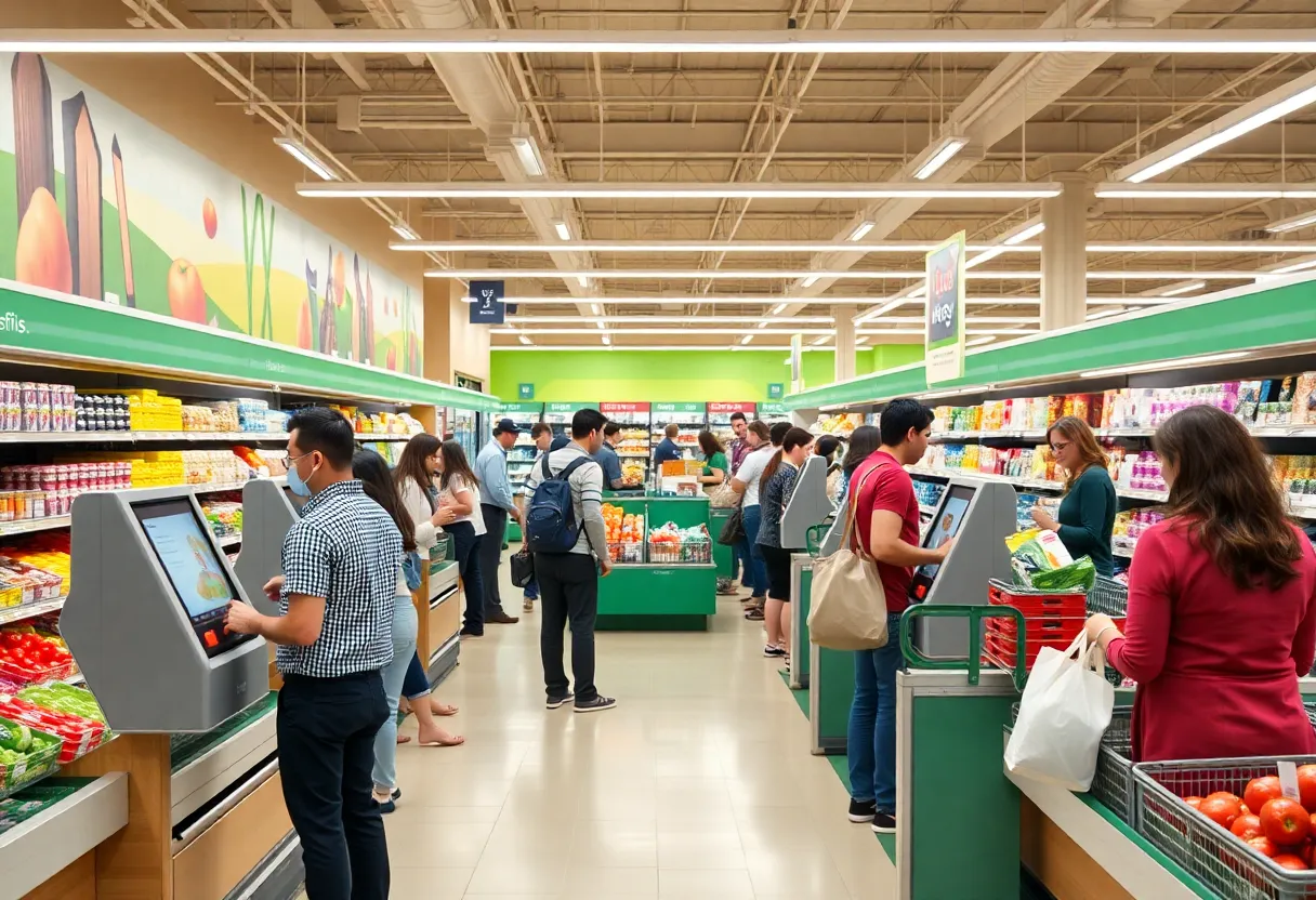 Grocery store self-checkout lanes with customers and staff