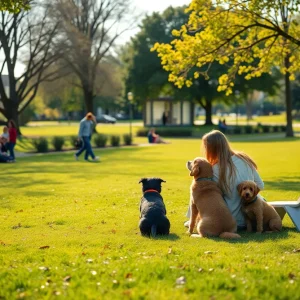 A tranquil park scene in Sioux Falls with families and pets enjoying leisure time.
