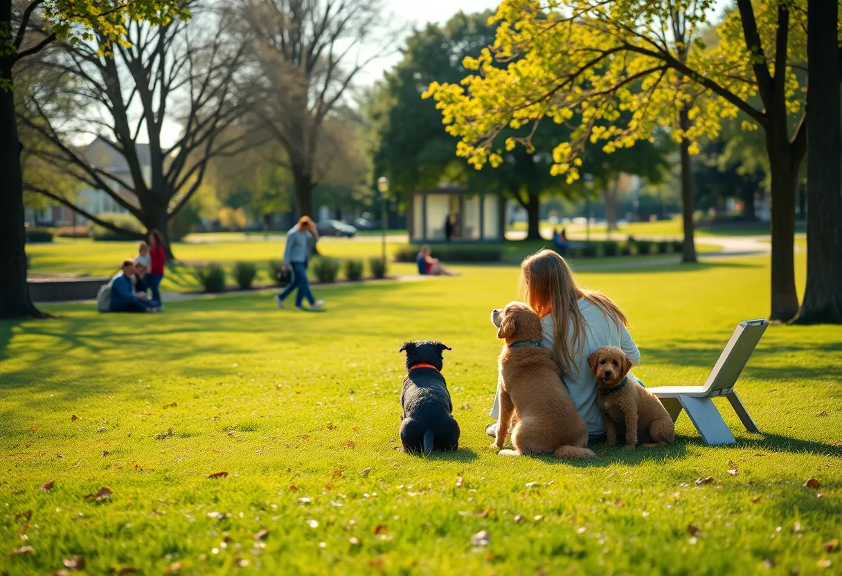 A tranquil park scene in Sioux Falls with families and pets enjoying leisure time.