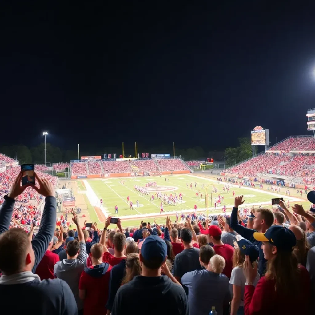 High school football game in Southern California with players and cheering fans.