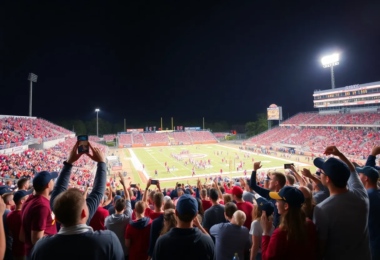 High school football game in Southern California with players and cheering fans.